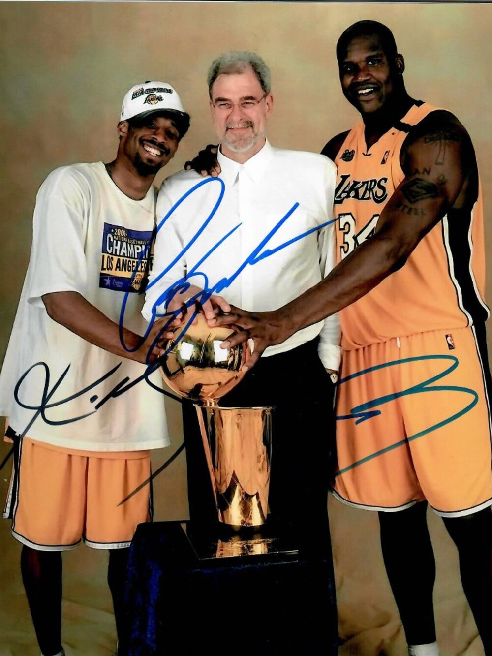 Los Angeles Lakers Kobe Bryant Phil Jackson Shaquille O'Neal Signed 8X10 Photo